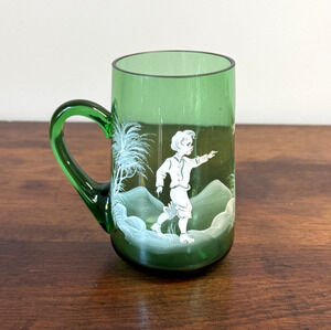 Vintage Bohemian Czech Mary Gregory Style Green Hand Painted Art Glass Mug 4.5"